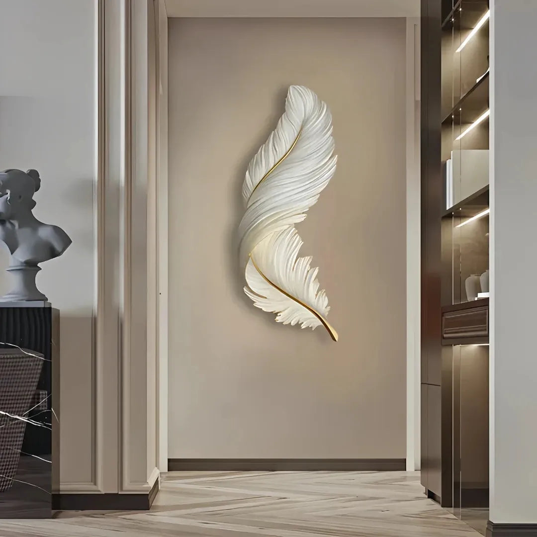 Feather-shaped LED wall light in a hallway