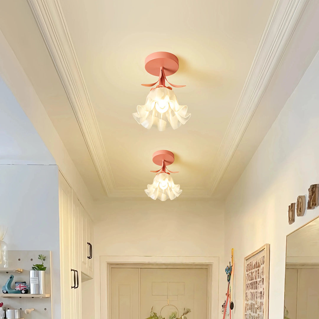 Pink glass flower ceiling light with semi-flush fitting