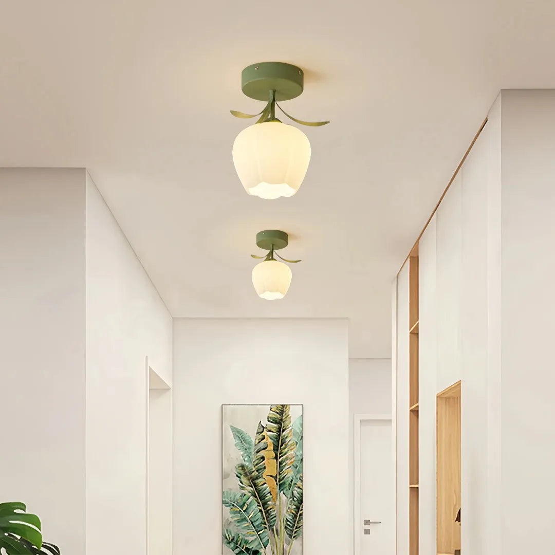 Green glass flower semi-flush ceiling light