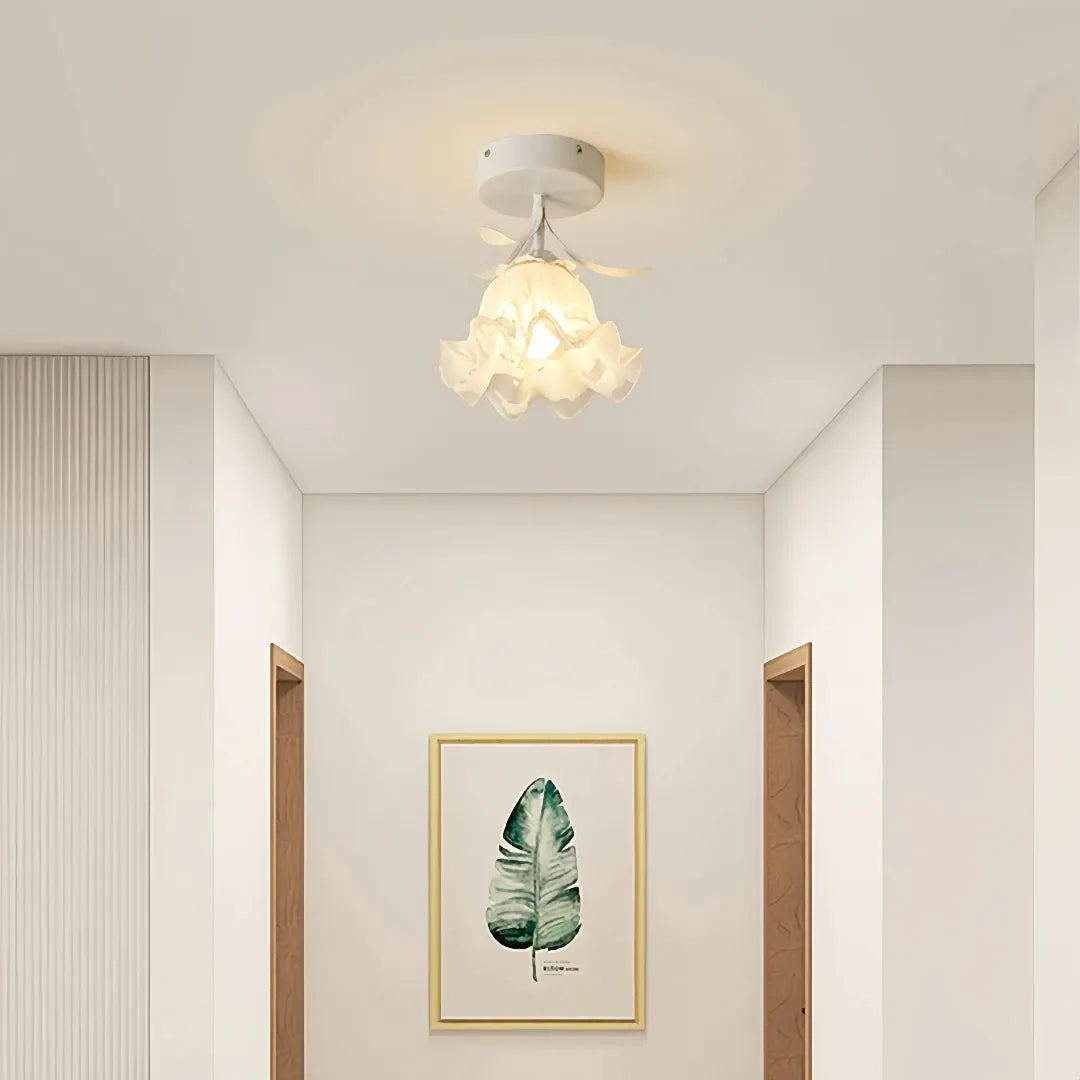 Semi-flush ceiling light with delicate flower-shaped glass shade