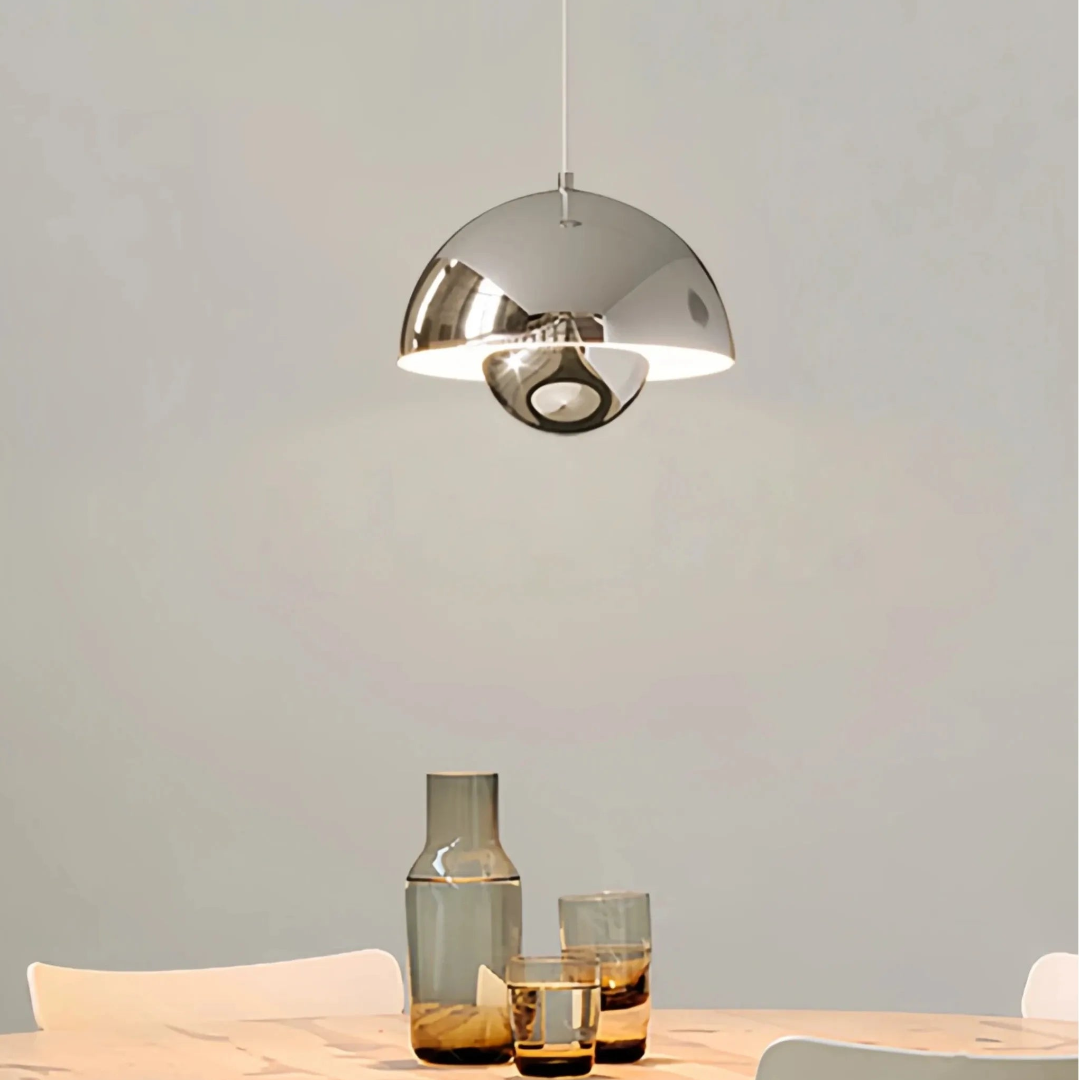 Silver-finish double-shade pendant light shown against a white background