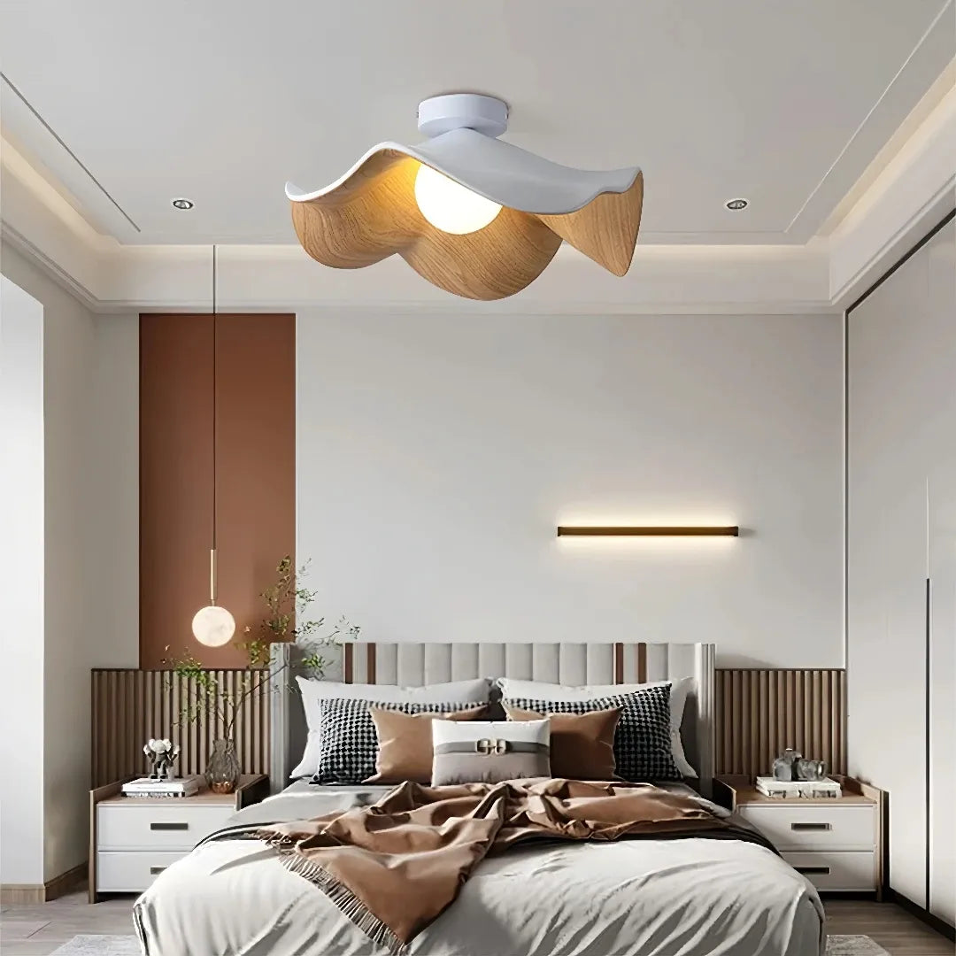 Lotus leaf flush ceiling light mounted on a bedroom ceiling