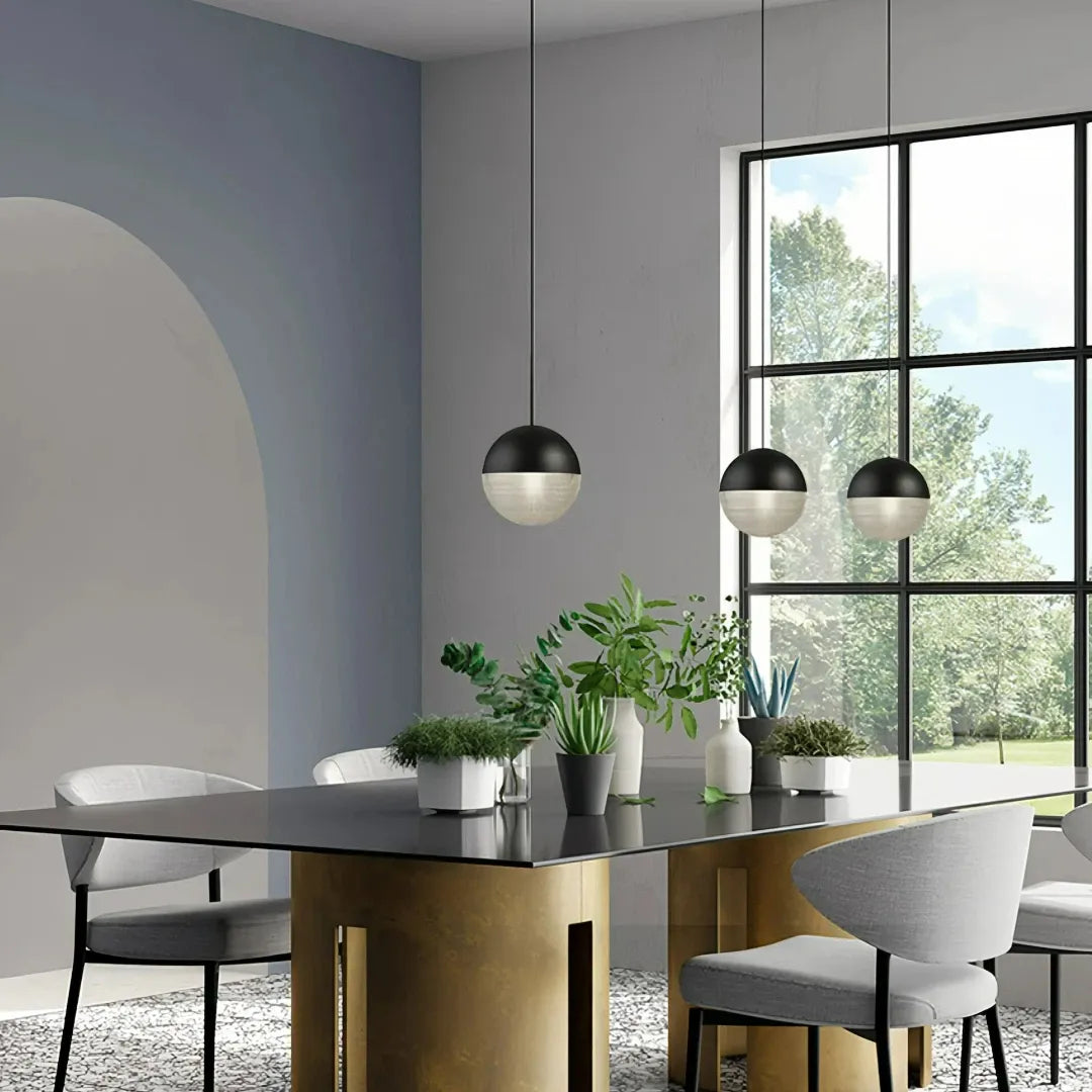 Black glass globe pendant light with decorative grid shade