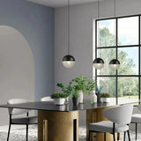 Black glass globe pendant light with decorative grid shade