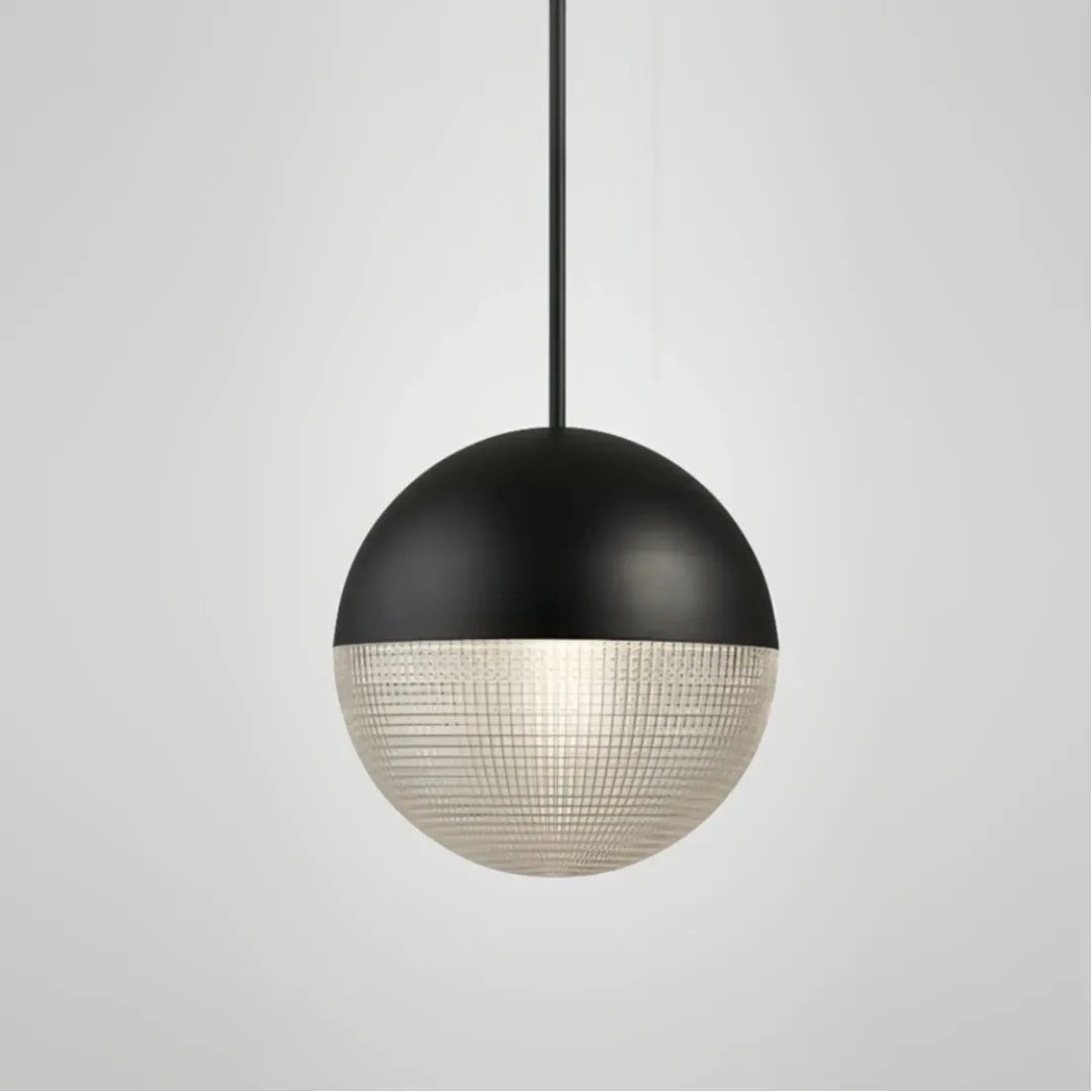 Black glass globe pendant light with decorative grid shade