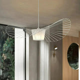 White fabric hat pendant light with a wide curved shade 