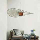Brown fabric hat pendant light with a wide curved shade