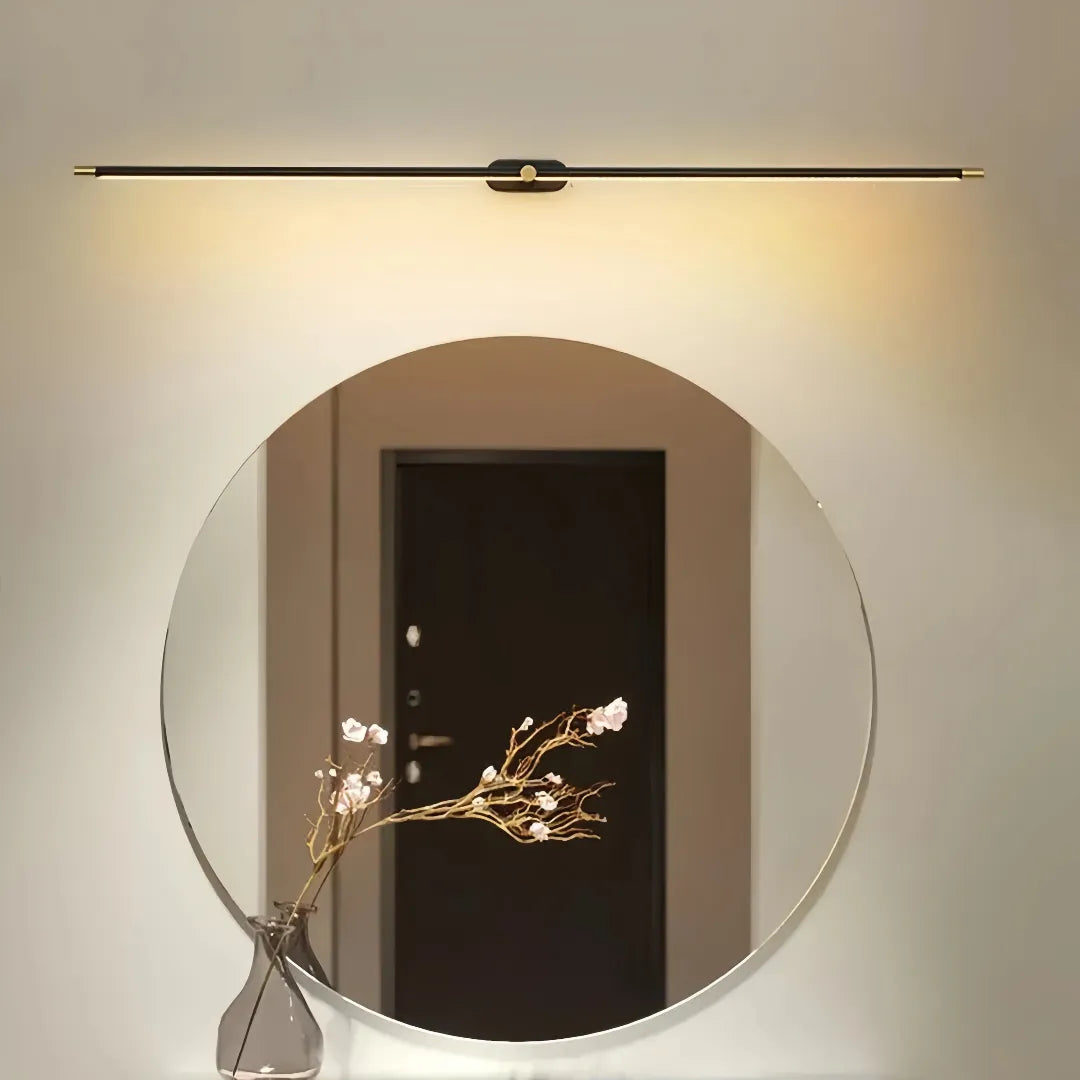 Black and gold linear bathroom wall light, front view  