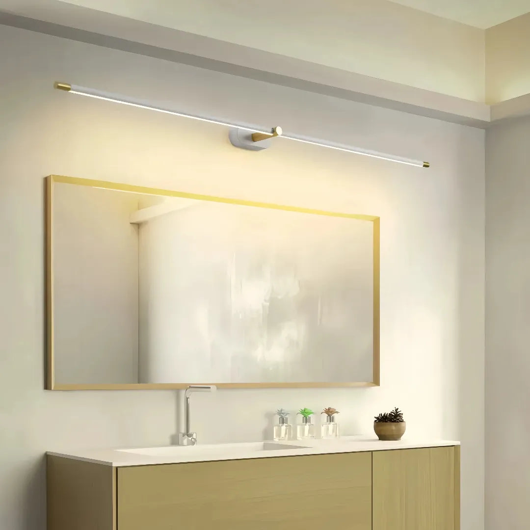 White and gold bathroom wall light, side view     