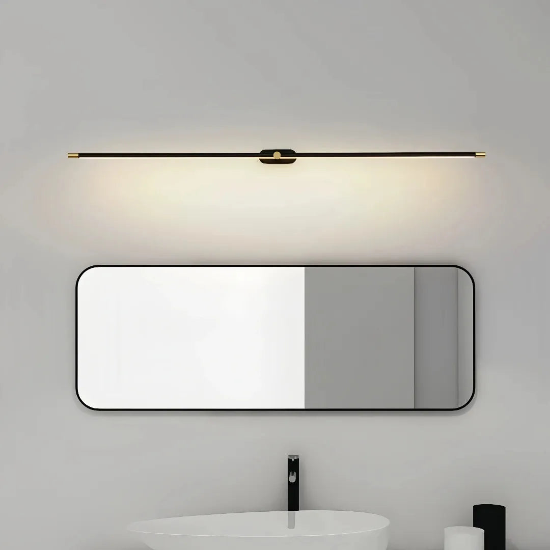 Black and gold linear bathroom wall light, front view