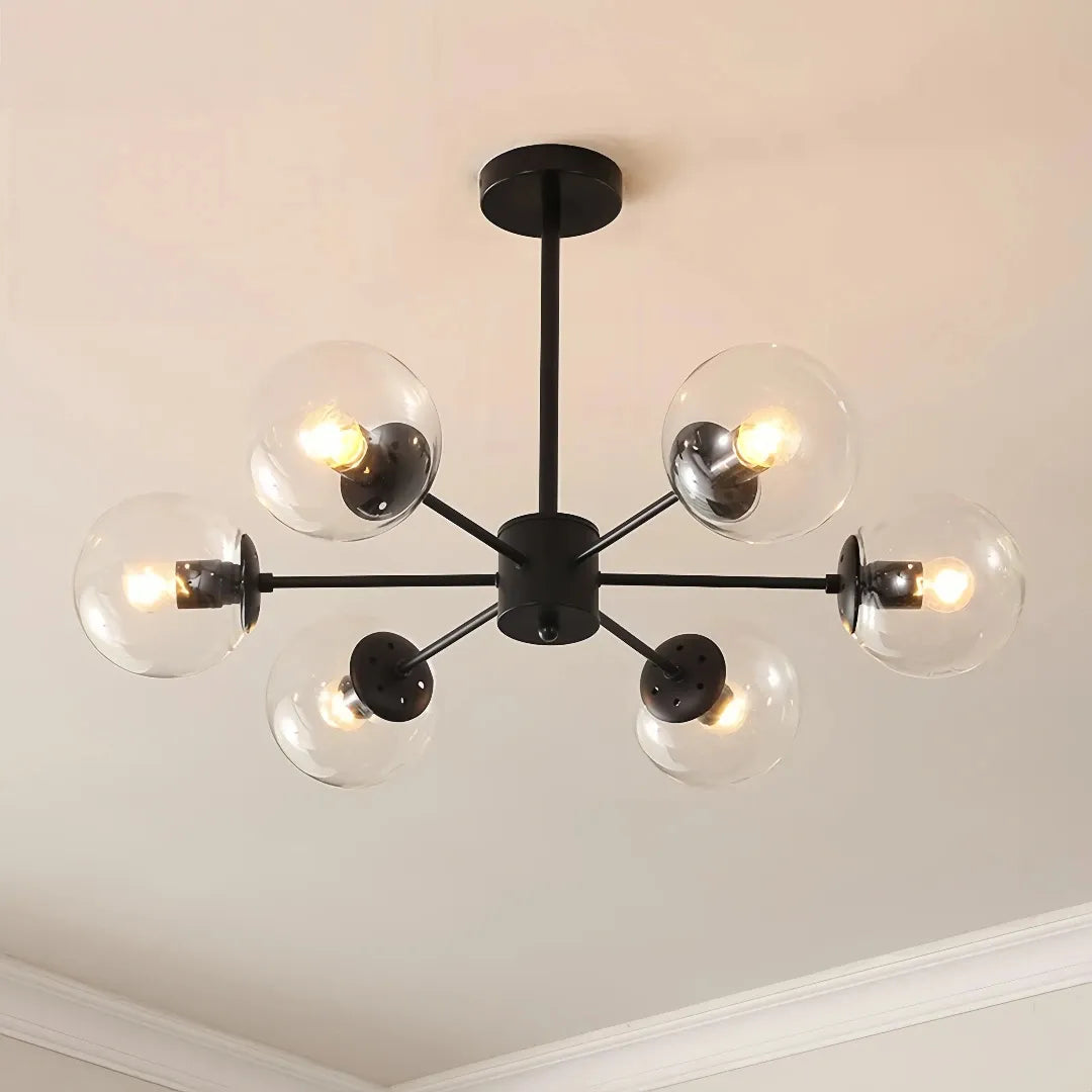 Black 6-light Sputnik chandelier with clear glass globes