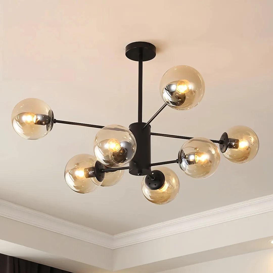 Black 8-light Sputnik chandelier with amber glass globes