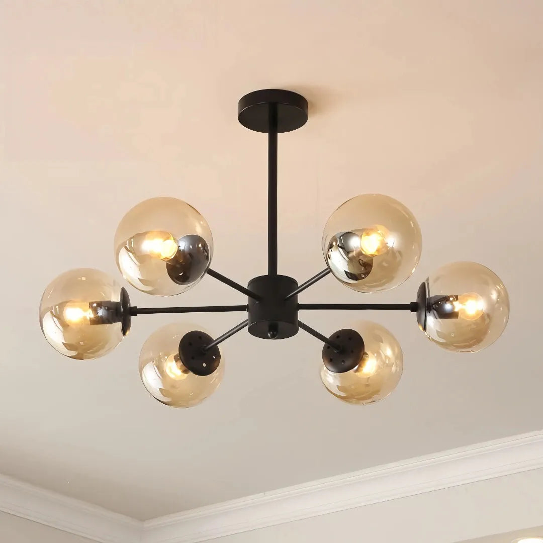 Black 6-light Sputnik chandelier with amber glass globes