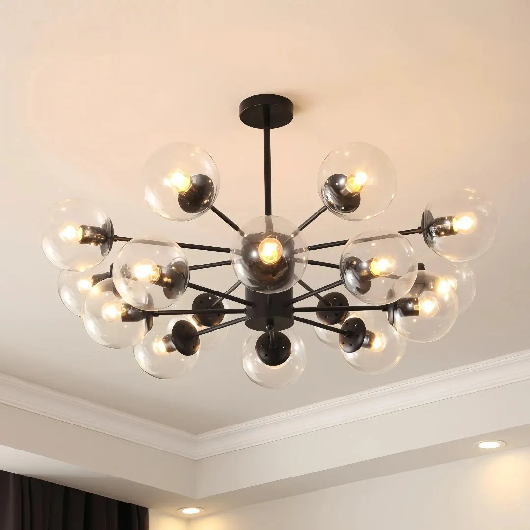 Black 16-light Sputnik chandelier with clear glass globes