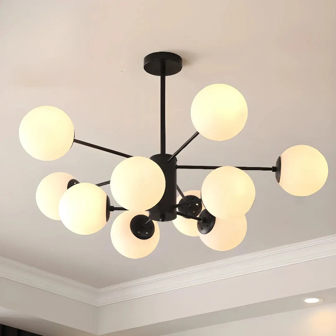 Black 10-light Sputnik chandelier with white glass globes