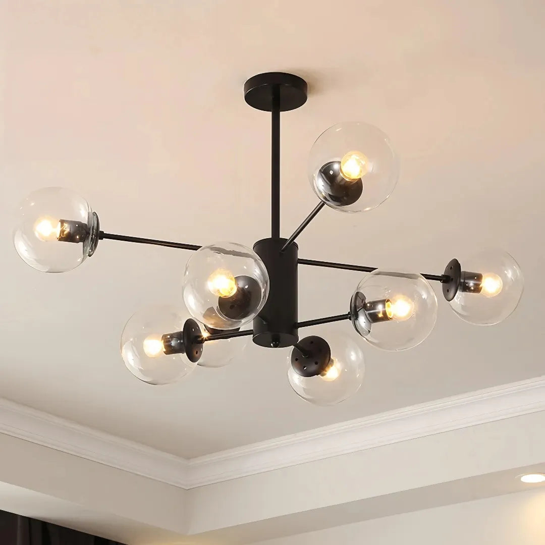 Black 8-light Sputnik chandelier with clear glass globes