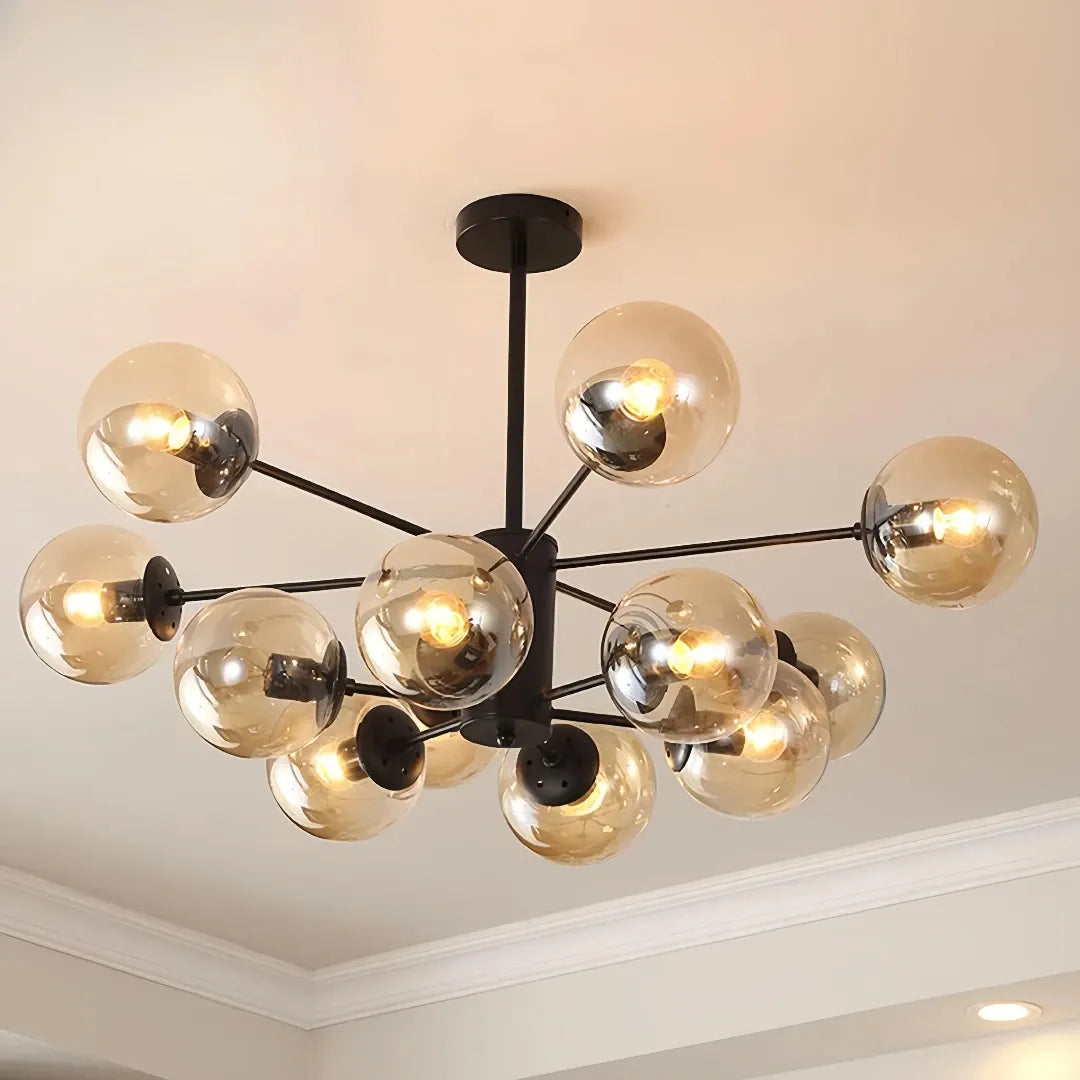Black 12-light Sputnik chandelier with amber glass globes