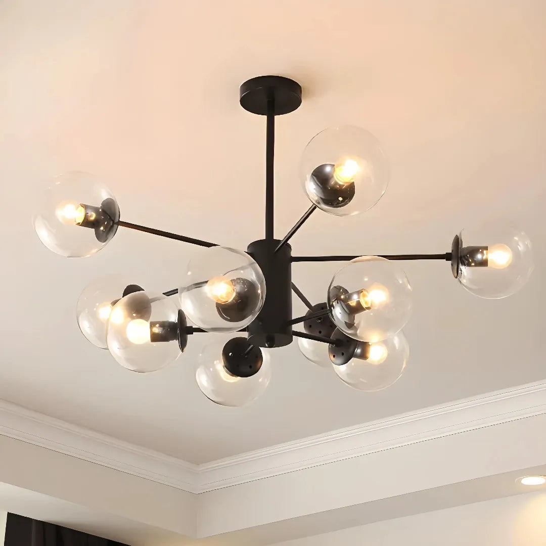 Black 10-light Sputnik chandelier with clear glass globes