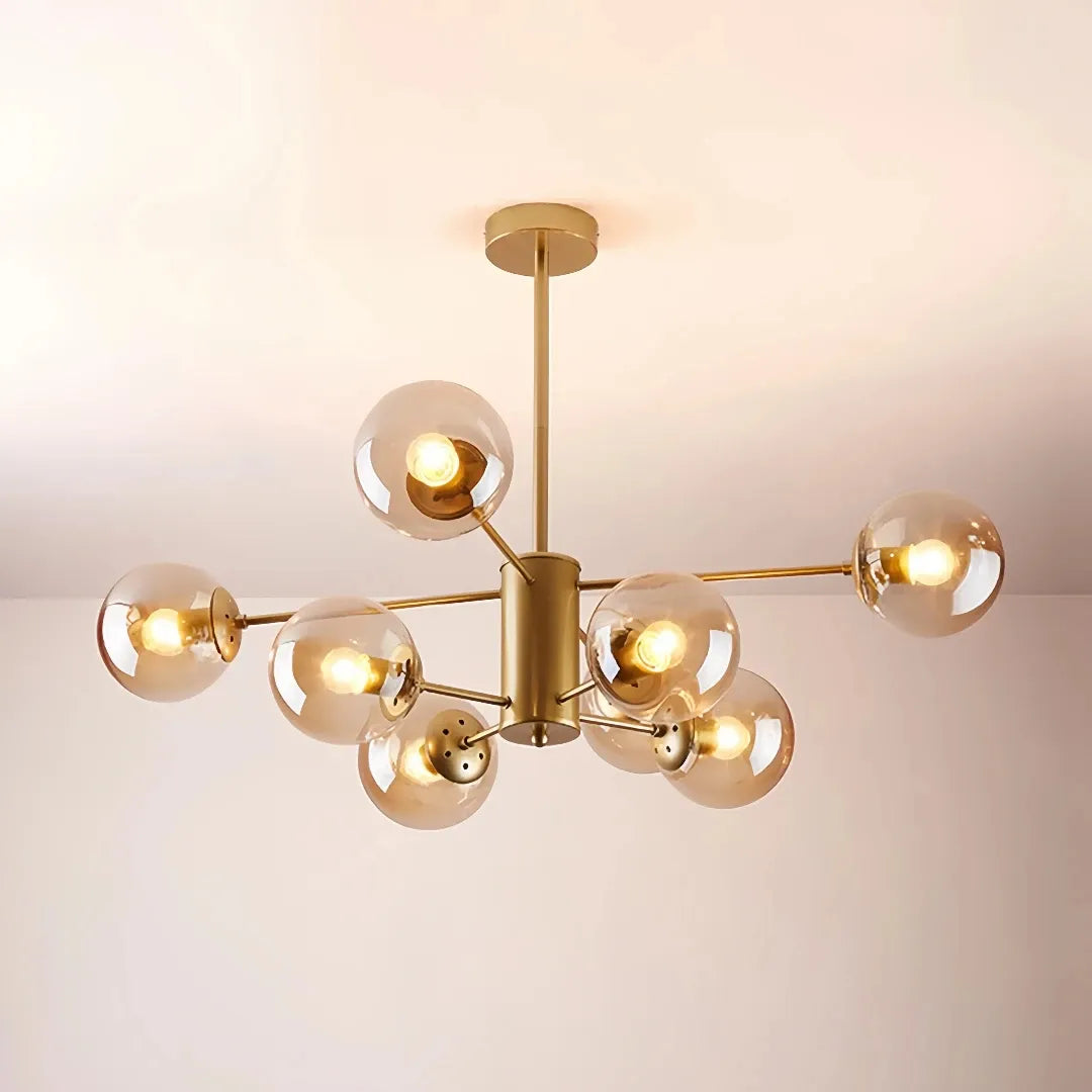 Gold 8-light Sputnik chandelier with amber glass globes