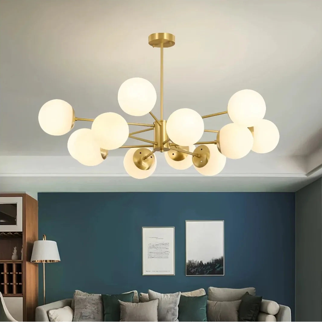 Gold 12-light Sputnik chandelier with white glass globes