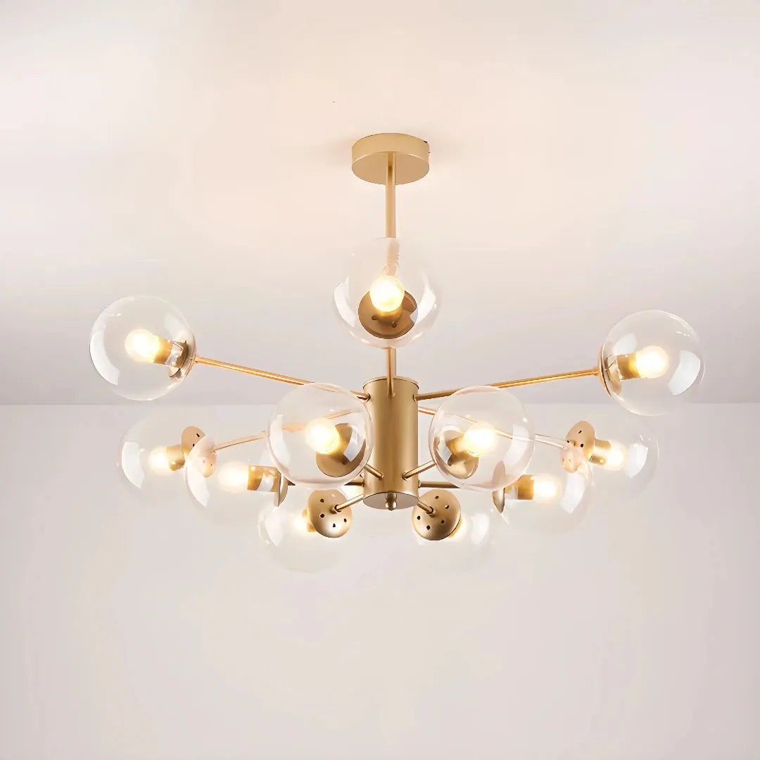 Gold Sputnik chandelier with clear glass globes, viewed from below