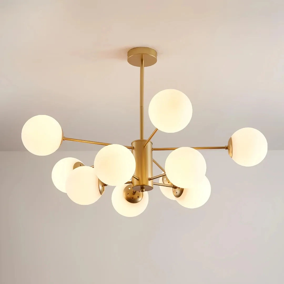 Gold 10-light Sputnik chandelier with white glass globes
