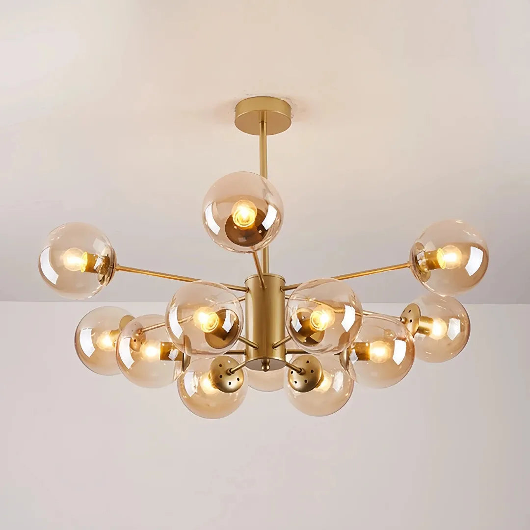 Gold 12-light Sputnik chandelier with amber glass globes
