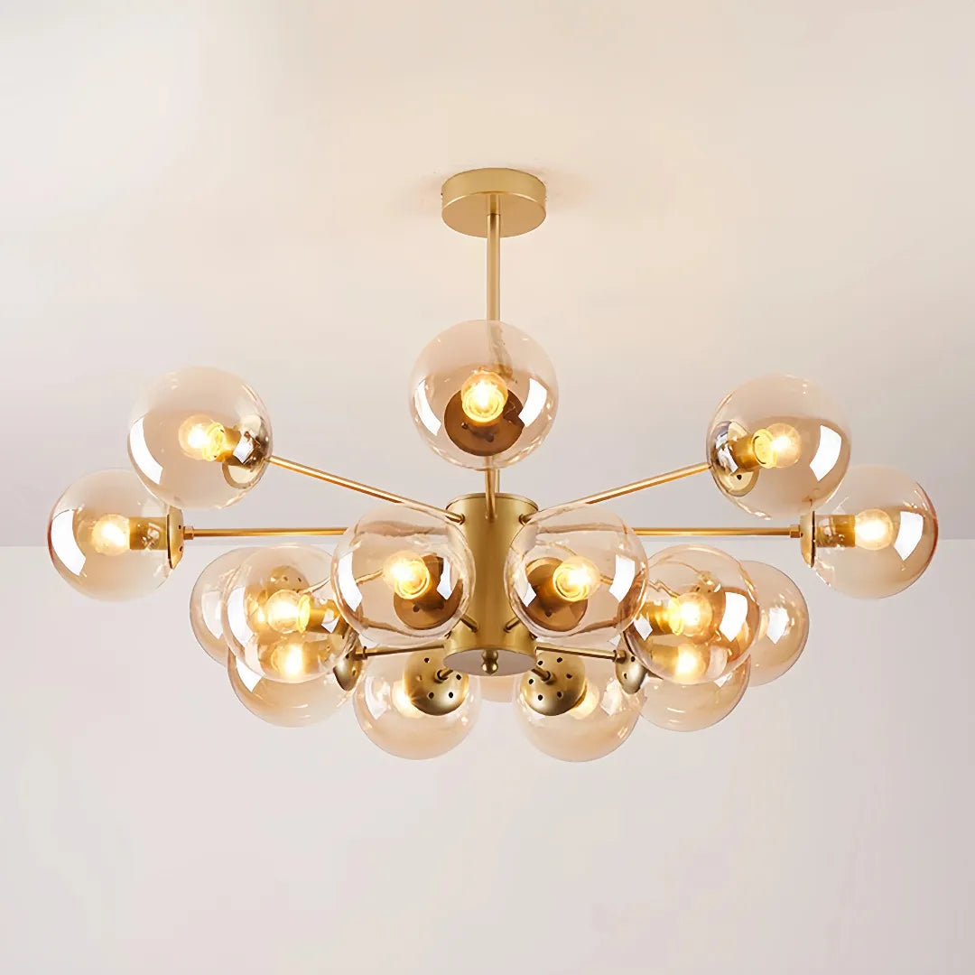 Gold 16-light Sputnik chandelier with amber glass globes
