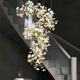 Ceramic Ginkgo Leaf Chandelier Brass for Luxury Staircase, Height Adjustable