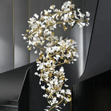 Ceramic Ginkgo Leaf Chandelier Brass for Luxury Staircase, Height Adjustable