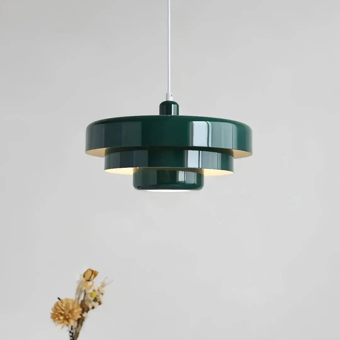 Green Morandi pendant light with layered metal shade