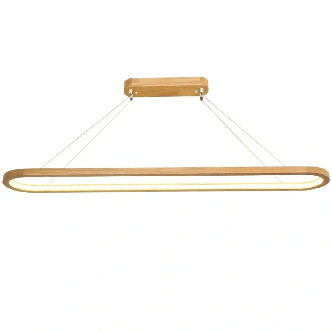 Oval wooden LED pendant with suspension cables and ceiling canopy on a white background