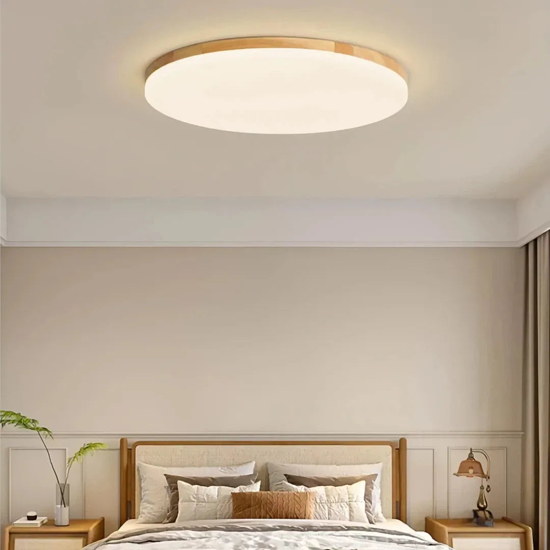 Round wooden flush ceiling light with acrylic diffuser