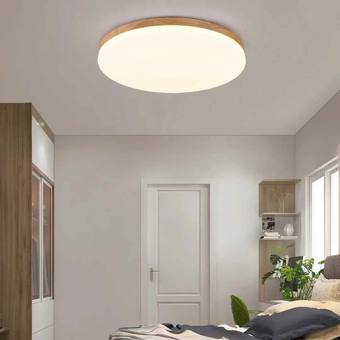 Wooden flush ceiling light showing soft indoor illumination