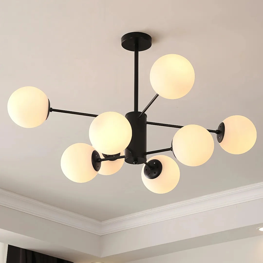 Black 8-light Sputnik chandelier with white glass globes