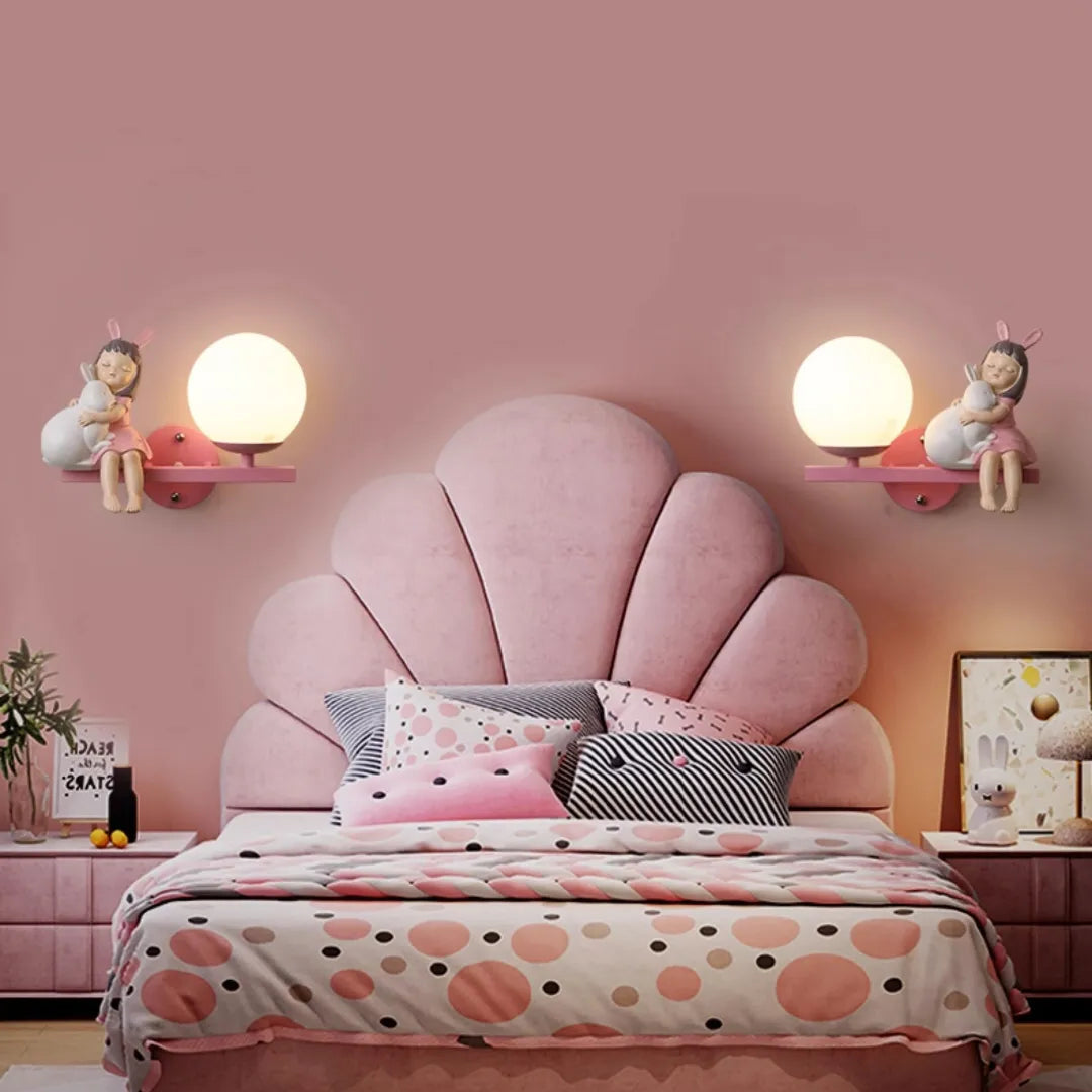 Pink children's bedroom wall light with cartoon girl, rabbit and moon design