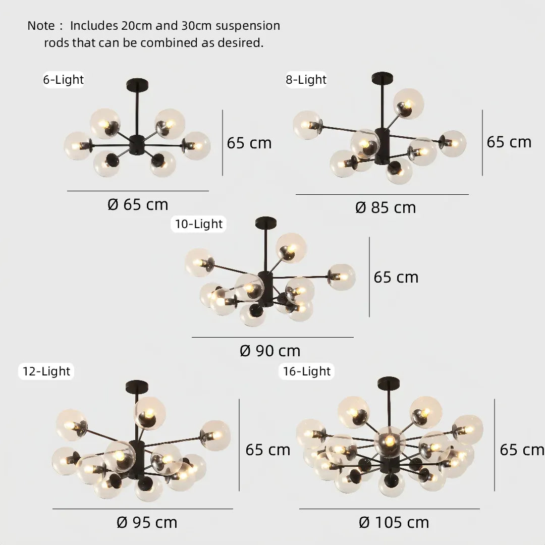 Dimension diagram for 6-, 8-, 10-, 12- and 16-light chandeliers