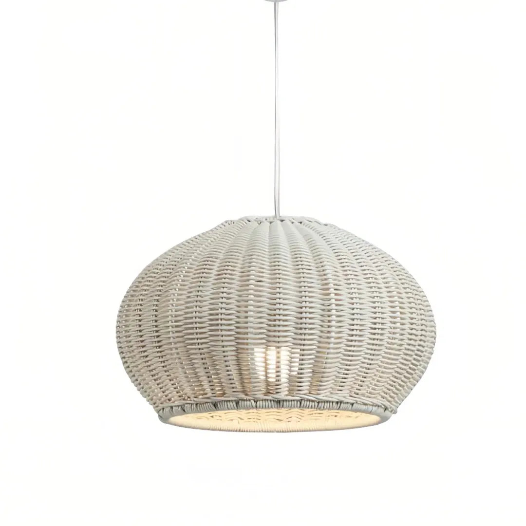 Beige rattan outdoor pendant light in a covered patio setting