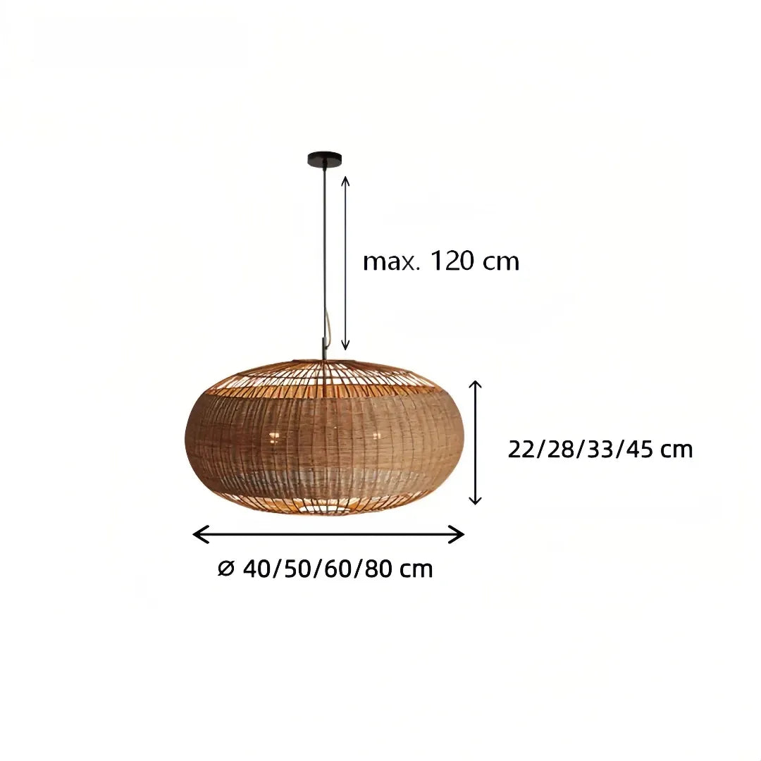 Rattan pendant light size diagram showing four diameter options and suspension measurement