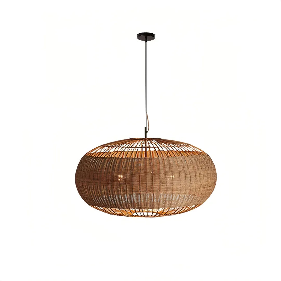Oval rattan pendant light with black ceiling canopy and suspension cable