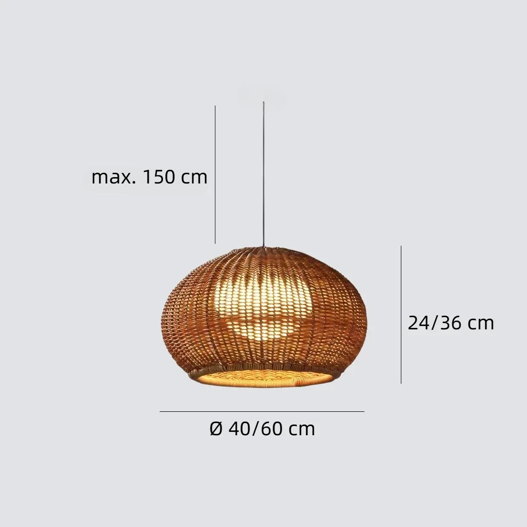 Rattan outdoor pendant light showing 40 cm and 60 cm size options