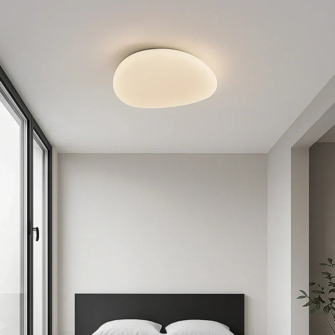 Low-profile white pebble flush ceiling light with acrylic shade