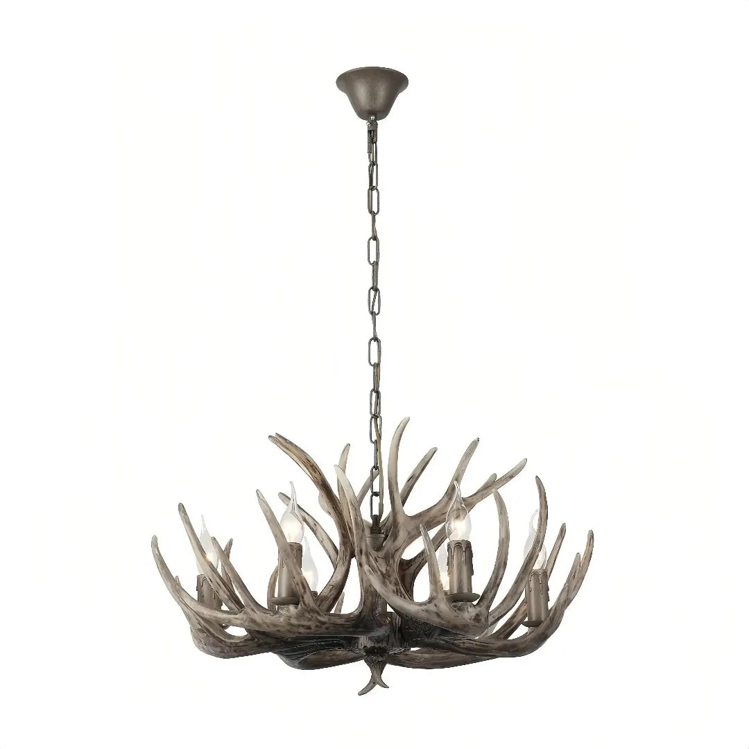 Six-light weathered faux antler chandelier with chain and ceiling canopy