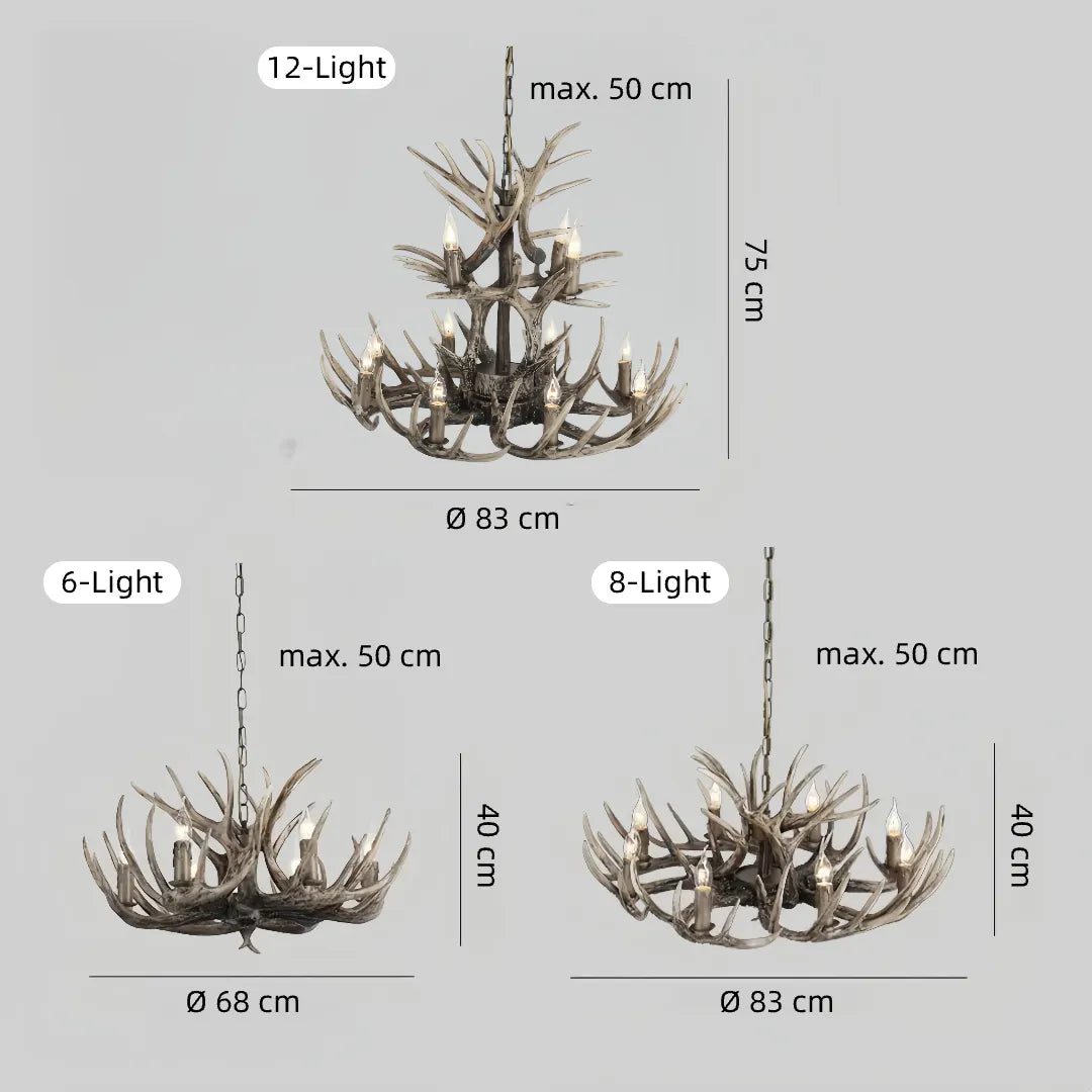 Dimension diagram for the 6-light, 8-light and 12-light chandelier options