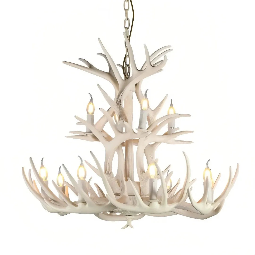 White faux antler chandelier on a white background