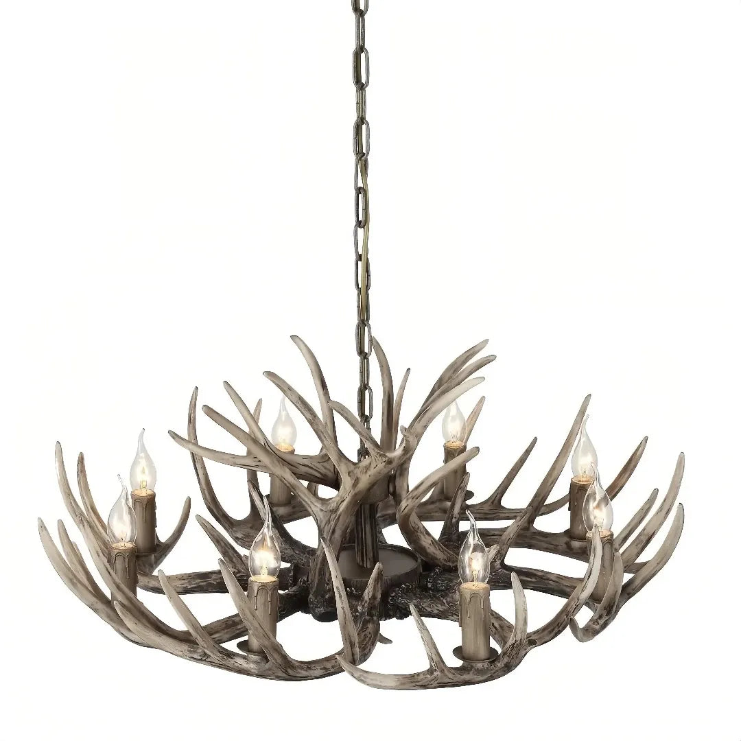 Weathered faux antler chandelier with a single tier on a white background