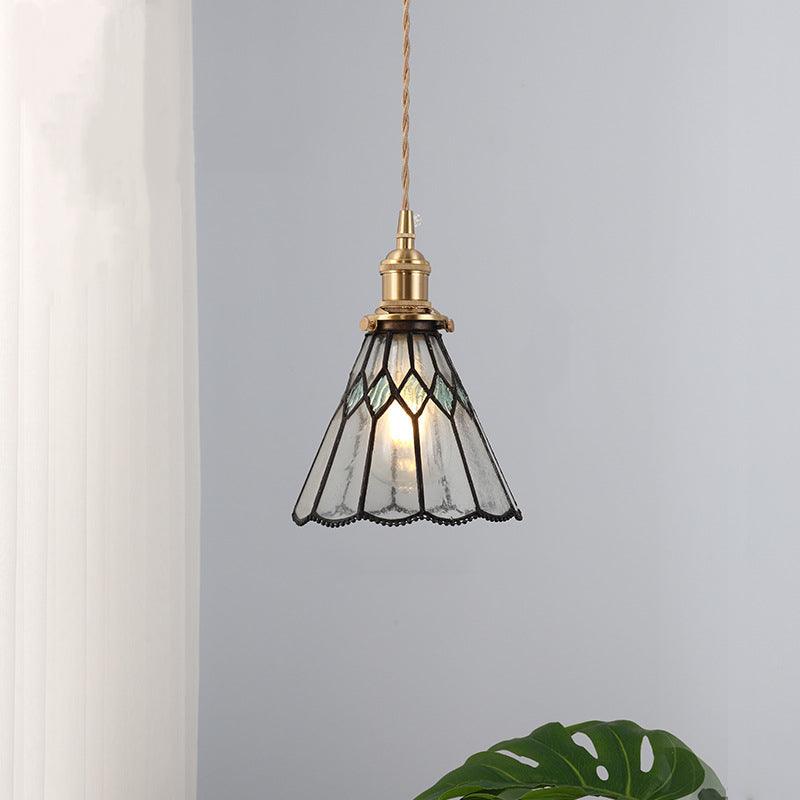 Vintage Brass Colored Ribbed Glass Pendant Light
