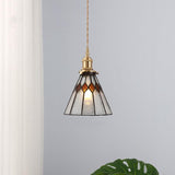 Vintage Brass Colored Ribbed Glass Pendant Light