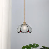Vintage Brass Colored Ribbed Glass Pendant Light