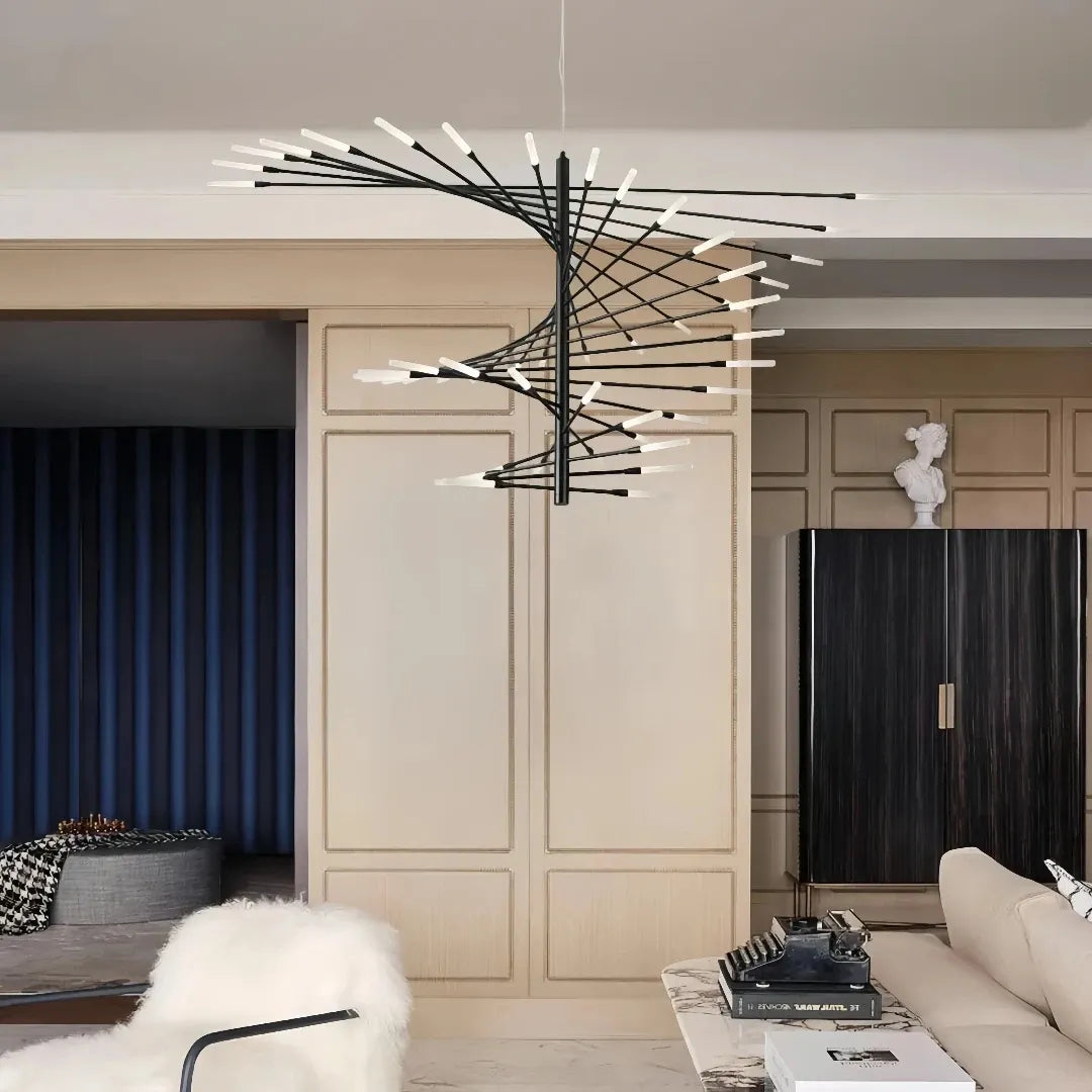 Black firework chandelier suspended in a modern living room